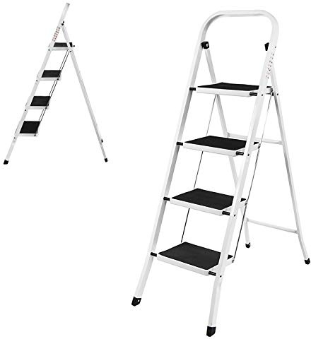 4 Tread Step Ladder Steel Sturdy Foldable Heavy Duty Compact Easy to Store, Stepladder Stool for Home Kitchen Garden Office, 330lbs Capacity