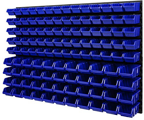 Wandregal Stapelboxen - 1152 x 780 mm - 114 tlg. Boxen Lagersystem Werkzeuglochwand Schüttenregal (Blau)
