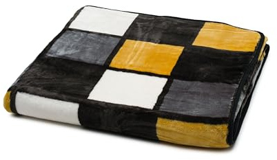Gözze - Weiche Kuscheldecke, Cashmere Feeling, Hohes Stoffgewicht 500 g/m², Antigua, 150 x 200 cm - Senf/Schwarz/Weiß