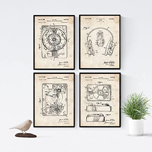 Nacnic Plattenspieler-Patentposter-Set mit 4 Stück. Wanddekoration im Vintage-Stil, Illustration von Musik und alten Erfindungen. Verschiedene Bilder mit Rahmen. Größe A4.