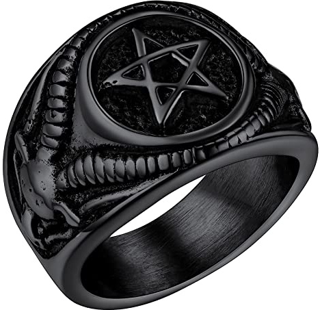 FaithHeart Herren Inverted Pentagram Ring Männer Statementring Siegelring Schwarz Punk Siegelring Partnerring Freundschaftsring