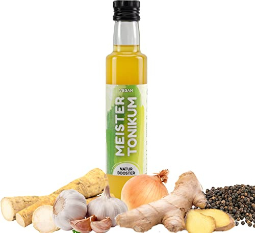Meistertonikum vegan Bio Essig aus Superfoods 250ml - natürlicher Vitaldrink Smoothie mit Kurkuma, Zitrone, Knoblauch, Ingwer uvm - ideales Salatdressing - Immunbooster Shot