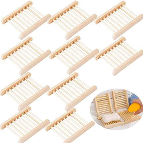 Porta Saponetta Legno Bambu，Tiuxiu 10pcs Portasapone in Legno per Doccia con Griglia di Scolo Portasapone Scatola di Sapone per Sapone Spugne Bagno Doccia Cucina 12x1.8x9cm（Pino）