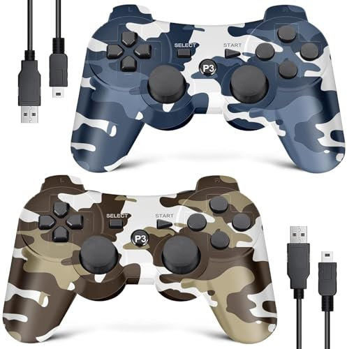 Controlador inalámbrico PS3, paquete de 2, controlador de joystick mejorado para PS3 con doble amortiguación, control de movimiento (camuflaje marrón y azul camuflaje)