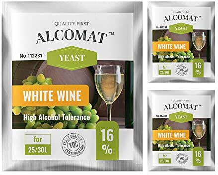 Alcomat Weinhefe Weißwein HAT 16% - Reinzuchthefe für Wein - Gärhefe für Wein Temperaturspanne von 15-35°C, 3 Stück