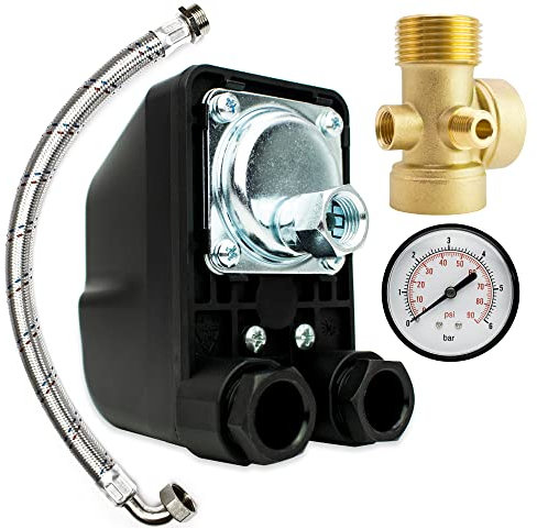 Hauswasserwerk Druckschalter SET 4 Tlg. 1/4 IG Überwurfmutter + Manometer + 5 Wege Verteiler + Flexschlauch - Made in Italy - Pumpensteuerung Druckwächter Wasserpumpen Brunnenpumpen - AM-PM5/IG-4