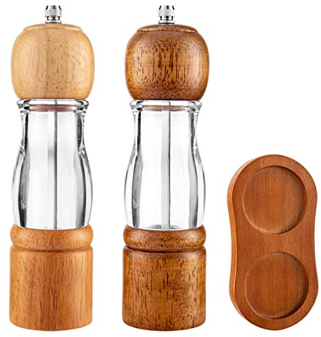 Salz und Pfeffermühlen Sets Aus Holz mit Ablage Manuelle Gewürzmühle mit Verstellbarem Keramik Mahlkern und Transparentem Fenster Leicht und Ergonomisch, 5,5 X 20,5 Cm