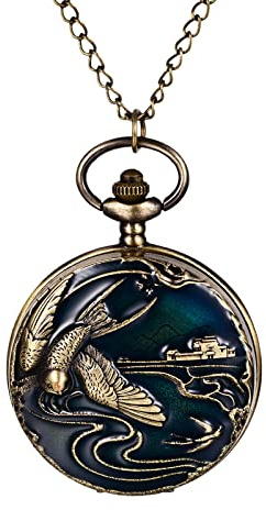 JewelryWe Vatertagsgeschenk Taschenuhr Herren Retro Royal Flush/Kompass/Blumen/Glocke/Motorrad Kettenuhr Analog Quarz Uhr Anhänger mit Halskette Kette Bronze Geschenk für Männer