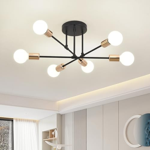 ZYDTRIP Sputnik Chandelier Ceiling Light, 6-Light Ceiling Light for Bedroom,Dining Room,Kitchen,Office, Black and Gold