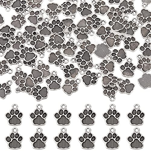 SUNNYCLUE 1 Box 100 Stück Hundepfoten Pfotenabdruck Groß Vintage Stil Antik Silber Welpen Fußabdruck Charm Tierhaustier Metall Katzenpfoten Charms Für Die Schmuckherstellung Charm DIY Ha