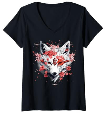 Femme Kitsune Masque Renard Japonais Anime Kawaii Fleur Cerisier T-Shirt avec Col en V