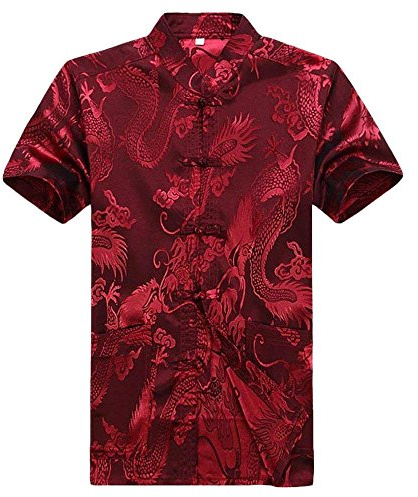 Rubruan Chinesische Kleidung Drachen Hemd - Traditionelle Tangzhuang Kostüme Kampfkunst Kung Fu Tai Chi Qigong Kurzarm Stehkragen Uniform Jacke für Männer