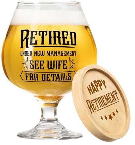 KAAYEE Retirement Gifts for Men, Beer Glass Funny Gifts for Men from Women | Happy Retirement Decorations Gift for Grandad Dad Husband, 510ml with Coaster Presents for Grandpa Friends Colleague