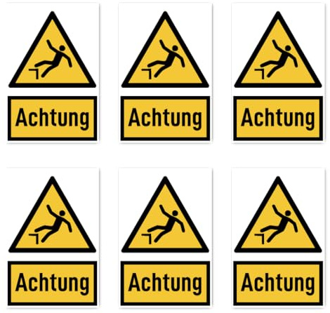 Aufkleber: 75x50 mm, 6 Stück - Signalwort Achtung vor Absturzgefahr - Warnzeichen mit Text (deutsch) (gelb/schwarz) - hochkant - W008 - DIN EN ISO 7010 / ASR A1.3