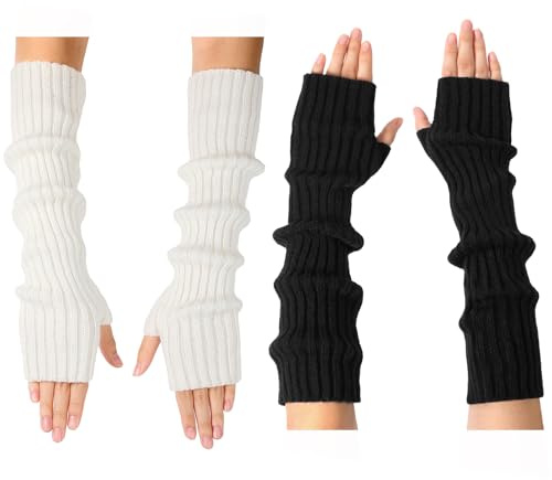 Arm Warmers - 2 Pairs Women's Long Fingerless Gloves Fashion Stretch Knit Arm Sleeves for Women Thumb Hole Stretchy Gloves