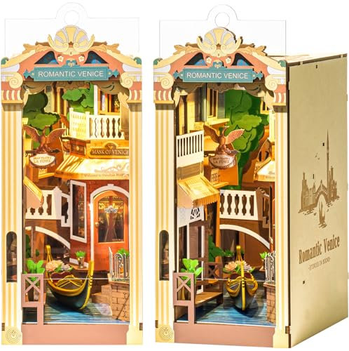ROBOTIME DIY Book Nook Kit mit Staubschutzhaube - Romantisches Venedig, 3D Puzzle Booknook Miniatur Haus, Diorama Geschenke für Erwachsene, Bücherregal Deko