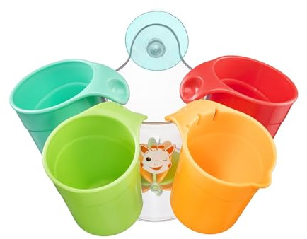 Set de 4 Vasos de Baño Interactivos Bebé A partir de 10 Meses | Sophie regadera | libro 8 páginas | 3 juguetes | red almacenaje | desarrollo acuático | juguete baño | regalo nacimiento