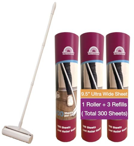 Große Fusselrollen Plus 3 Rollen Ultra Wide Total 300 Blatt Riesige Fusselrolle Nachfüller mit 3 ausziehbaren langen Griff für Tierhaarentfernung und Haushaltsreinigung (1 Rolle + 3 Nachfüllungen)