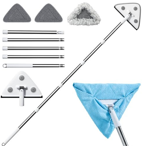 CTIME Raclette Professionnelle 3 en 1 pour fenêtre et Balai à Franges : kit de Nettoyage de fenêtre avec tête Triangulaire rotative à 360° et Fentes universelles pour Chiffon (Comprend 3 tampons