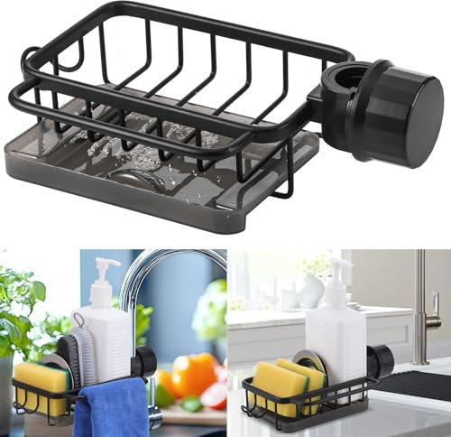 Huiguli Étagère de Rangement pour Robinet, Porte Eponge Evier Cuisine avec Plateau et Crochet, Aluminium Support de Rangement pour Robinet pour Brosse Chiffons Savons Noir