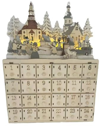 Weihnachtskalender mit 24 Schubladen, hölzerne beleuchtete traditionelle Dekoration, Erwachsene, Kinder, Countdown, Ferienhaus, dekorative und funktionale Geschenkaufbewahrung für Kinder