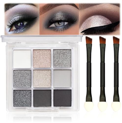 Smoky Eye Shadow Palette - 9 Black & Gray Highly Pigmented Shades - Matte & Shimmer Makeup Palettes - Complete with Brushes - Perfect for Creating Cool, Sexy Looks - Ideal for Women