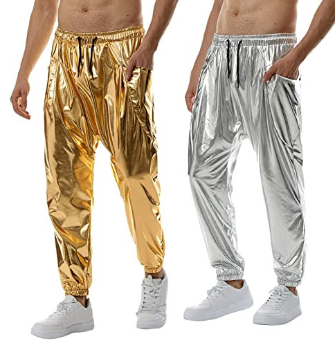 Generisch Astronauten Kostüm, Outfit Herren, Glitzer Hose Herren Silber Metallic Hosen Disco Glänzend Hose Festliche Pants Metallic Glänz Hose Lange Jogginghose Shiny Clubwear Glitzerhose für Männer