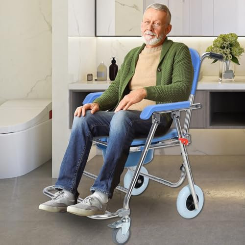 Nachttoilettenstuhl mit Rädern, zusammenklappbarer Duschtoilettenrollstuhl, Duschstuhl für ältere und behinderte Menschen, wasserdichter rollender Toilettenstuhl mit Arm- und Rückenlehne, 1 Set