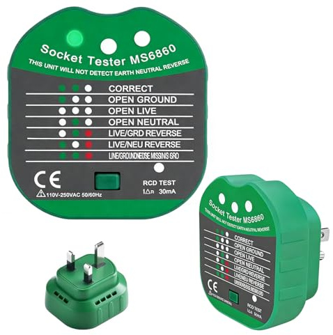 2pcs Plug Tester Socket Uk With Plug For Lcd Display,220v-250v,Automatic Electronic Rcd Plug Tester,Neutral Leakage And Polarity Detector，7 Diagnostic Results For Power Socket Wiring Inspection