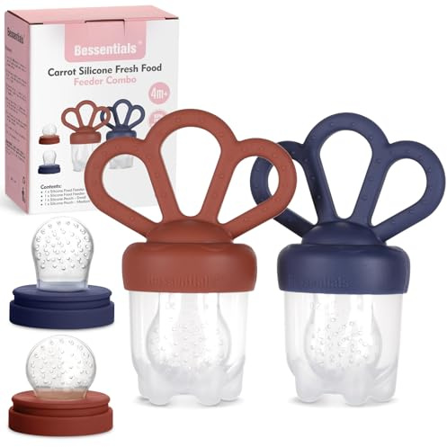 Bessentials Carrot Baby - Mangiatoia per frutta fresca e 2 mangiatoie a rete in silicone, sicura per l'auto-alimentazione, include sacchetti per alimenti di 3 dimensioni, adatta per bambini dai 4 mesi