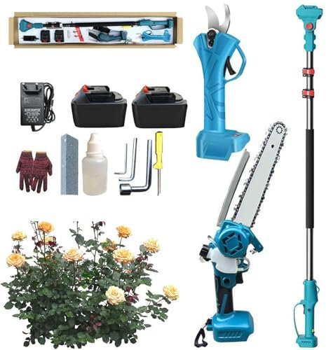 Scie à perche et sécateur sans fil 4 en 1 de 8 pouces avec 2 batteries de 1,3 Ah, scie à perche électrique, perche télescopique de 1,25 à 2,2 m, coupe-branches et élagage