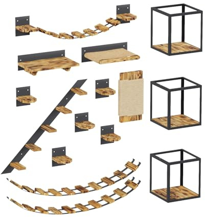QLS Katzen Kletterwand Set XXL aus Holz und Stahl für Wand & Decke Loft | Mit Brücken, Liegeflächen, Regalen, Kratzer und Hängematte für Klettern, Spielen und Ausruhen auf mehreren Ebenen