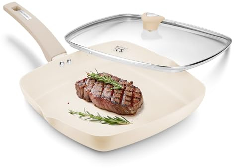 KOCH SYSTEME CS Nonstick Grill Pan for Stove Tops, 11 Inch Square Frying Pan with Lid, Ultimate Ceramic Coating Grill Skillet with Bakelite Handle, Induction Griddle Pan, PFOA Free, Cream White