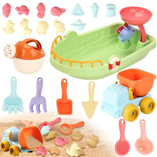 Hillylolly Giocattoli da Spiaggia, 21 Pezzi, Incl. Auto, Barca, Annaffiatoio, 6 Pale, 12 Stampi, Borsa a Rete, Per Bambini e Ragazzi
