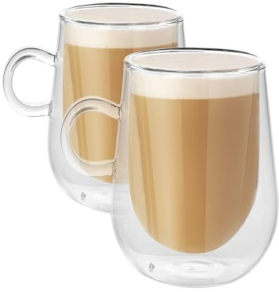 Double Walled Glass Coffee Mug Cups with Handle, 2 x 350 ML Insulated Latte Glasses Mugs, Borosilicate Heat Resistant Glass Cups for Tea, Coffee, Latte, Cappuccino, Espresso | M&W