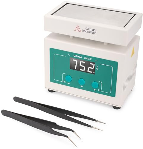 YIHUA 946D-IV Soldering Hot Plate Mini Size, Rework Heater with 2 ESD-Safe Tweezers, Adjustable Temp, °C/°F Conversion, PID Temp Control, 100 * 50mm Aluminum Heating Plate
