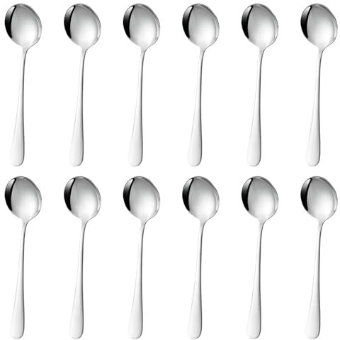 Set di 12 cucchiai da minestra in acciaio inox, con manico lungo, cucchiaio rotondo spesso, argento di alta qualità