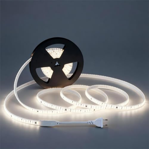FOSHANHC LED Streifen 230V, IP65 wasserdicht (Outdoor/Industrie), 5m Rolle, 240 LEDs/M, 11W/M, Neutralweiß,4000k, Flexibel schneidbar (10cm), Linkbar bis 50m - für Küche, Gewerbe & Werkstatt
