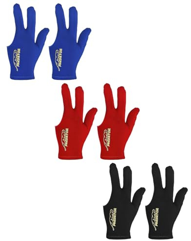 FUGLUS 6 pezzi Guanti da biliardo, da biliardo, da biliardo, unisex, estensibili, per accessori da biliardo(nero + blu + rosso)