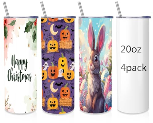 Volhoply 4 Pack Skinny Tumblers with Lid and Straw, 600ml (20oz) Stainless Steel Straight Tumbler Bulk, Vacuum Insulated Coffee Mug for Home, Office, Travel, DIY (Sublimation,4 Pack)