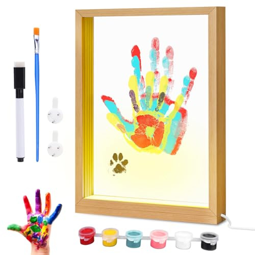 Set di impronte a mano famiglia – Set di impronte fai da te per 4 persone con cornice in acrilico, luce calda, USB, regali personalizzati per bambini e decorazioni per la famiglia