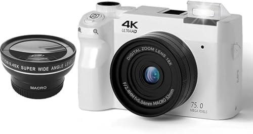 Zoomix Digital Camera, Cámara Digital 4K De 75 MP, Cámara Compacta con Zoom Digital De 18X, Pantalla LCD De 3 Pulgadas Y Cámaras Duales Delantera Y Trasera(White+Wide-Angle Lens)