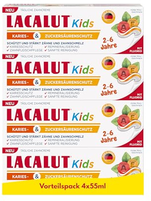 Lacalut Kids 2-6 Jahre 4er-Pack (4x55 ml) – Zahncreme für Kinder mit hochwirksamem Karies- & Zuckersäurenschutz – Zahnpasta mit 2 Phasen-Technologie und Vitamin A+E