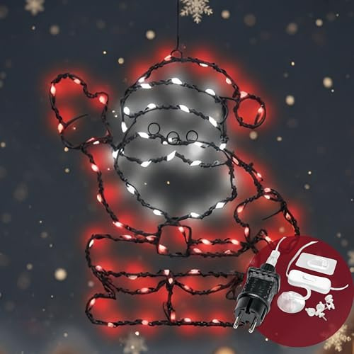 CozyHome Fensterlicht Weihnachten - LED Weihnachtsmann Weiß & Rot mit Stecker I Weihnachtsmann Fenster Beleuchtet Fensterbild Leuchtendes Lichterkette Fenstersilhouette Weihnachten Weihnachtssilouette