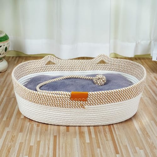 Pet Beds for Cats, Cat Beds for Indoor Cats 23.6 x 17.7 x 7.1 ,Cotton Rope Oval Cat Bed for All Seasons (with Cooler Straw Mat and Cotton Mat Both), Suitable for cats＆dogs (Two-Tone - Plush, Large)