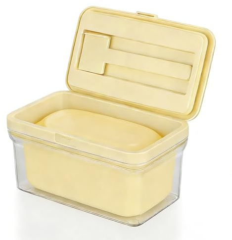 Cozary Mantequillera para 500gr de Manteca, Caja de Mantequilla con Tapa y Cuchillo, Fácil de Recoger y Limpiar, Recipiente Hermética para Todo Tipo de Mantequilla, 16x10x9cm, Amarillo