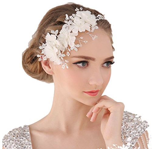 Miya® 1Stück MEGA Glamour Haarband Haarreif mit super schöne sanft Tüll Blumen, Spitzen Lace Blumen mit klare Kristall Perle, Braut Schmuck Hochzeit Jugendweihe Haarschmuck (cc1)
