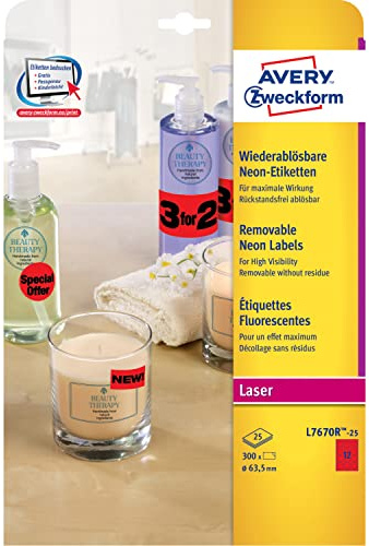 AVERY Zweckform L7670R-25 leuchtend neonrote Etiketten (300 runde Aufkleber, Ø63,5mm auf A4, selbstklebend, bedruckbar, wiederablösbar, farbige Klebeetiketten zum auffälligen Kennzeichnen) 25 Blatt