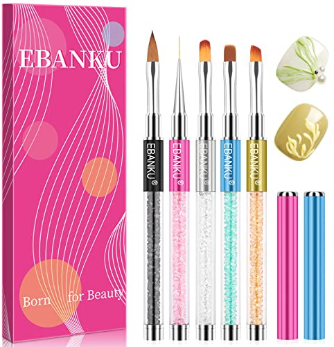 Ebanku 5 teilig Nagel Gel Pinsel Set für UV-Gel und Acrylfingernägel, Nagel Kunst Malerei Zeichnung Pinsel Nailart Nagelzubehör Nageldesign Modellage Pediküre Maniküre