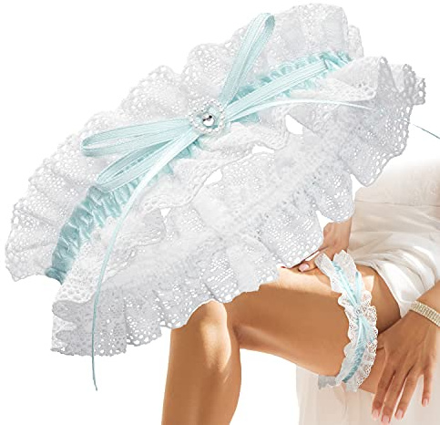 JK Trade® Premium Braut Strumpfband in Blau für Hochzeit in Einheitsgröße, Band verziert mit Spitze, Schleife und einem edlen Herz mit filigranem Glitzer-Stein, 100% Handgefertigt (Blau - Weiß)